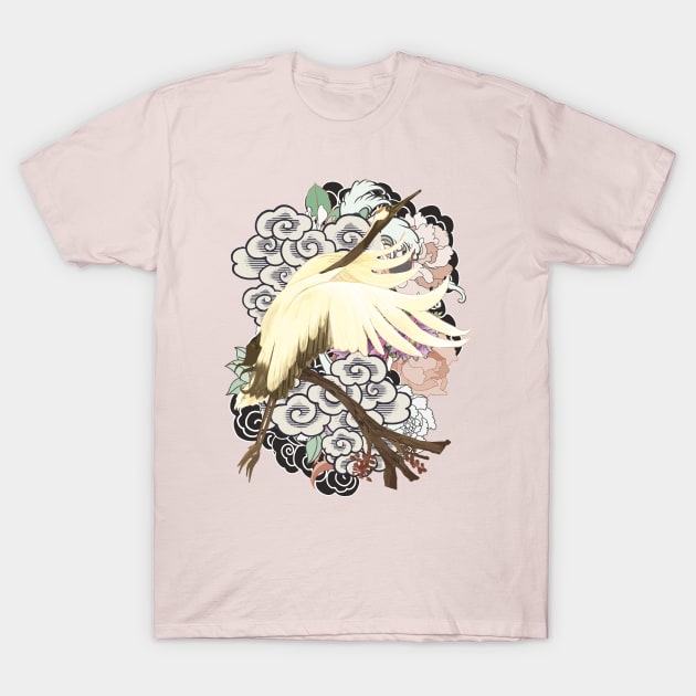 Japanese Crane Bird in Paradise Forest T-Shirt by Celestial Crafts